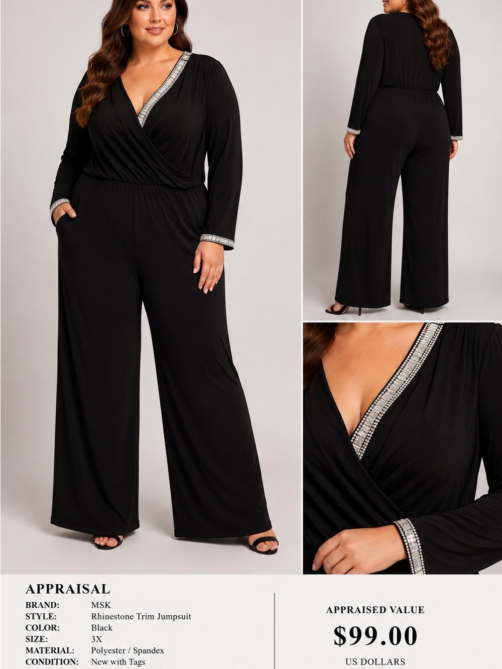 MSK Black Rhinestone-Trim Surplice Jumpsuit